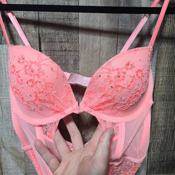 Victoria's Secret  sheer lace corset bodice Rosettes 34C Adjustable - Picture 2 of 6